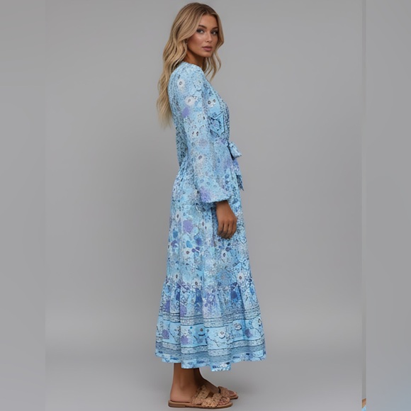 Floral Print Lantern Sleeve Ruffle Hem Belted Dress - Picture 3 of 5
